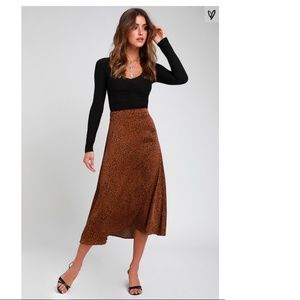 Lulus Brosnan Brown Satin Leopard Print Midi Skirt